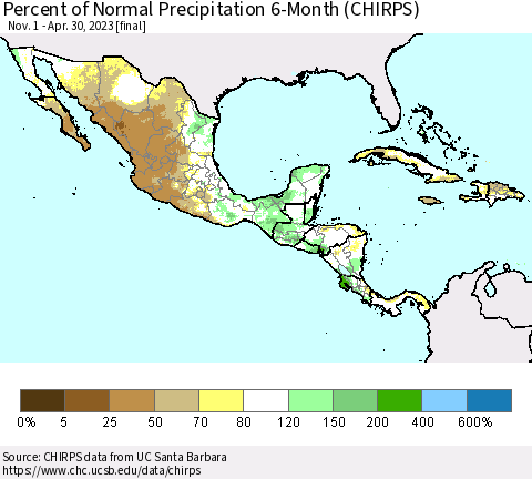 Mexico Central America and the Caribbean Percent of Normal Precipitation 6-Month (CHIRPS) Thematic Map For 11/1/2022 - 4/30/2023