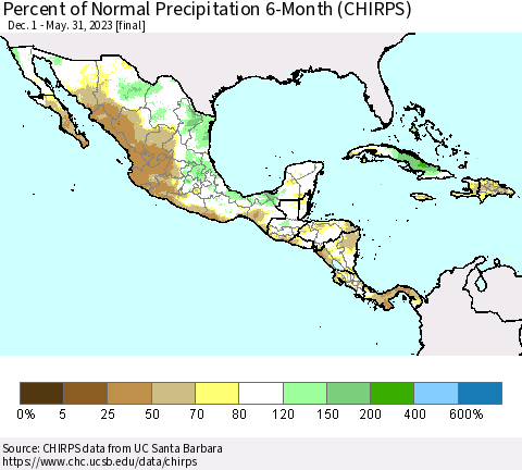 Mexico Central America and the Caribbean Percent of Normal Precipitation 6-Month (CHIRPS) Thematic Map For 12/1/2022 - 5/31/2023