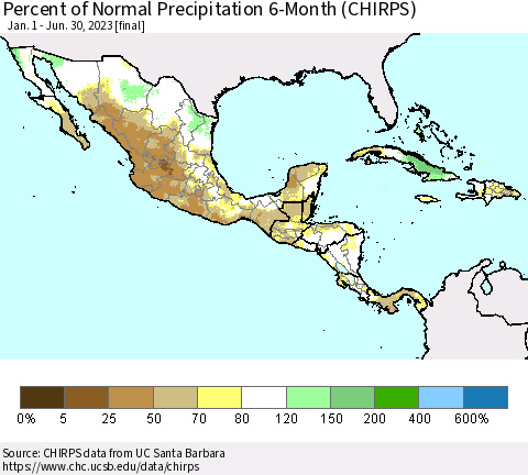 Mexico Central America and the Caribbean Percent of Normal Precipitation 6-Month (CHIRPS) Thematic Map For 1/1/2023 - 6/30/2023