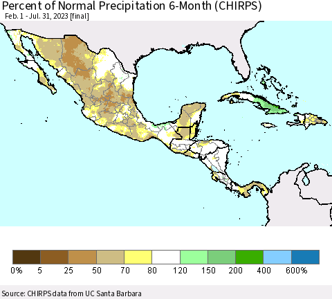 Mexico Central America and the Caribbean Percent of Normal Precipitation 6-Month (CHIRPS) Thematic Map For 2/1/2023 - 7/31/2023