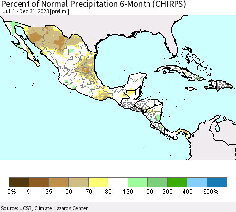 Mexico Central America and the Caribbean Percent of Normal Precipitation 6-Month (CHIRPS) Thematic Map For 7/1/2023 - 12/31/2023