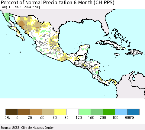 Mexico Central America and the Caribbean Percent of Normal Precipitation 6-Month (CHIRPS) Thematic Map For 8/1/2023 - 1/31/2024