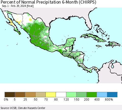 Mexico Central America and the Caribbean Percent of Normal Precipitation 6-Month (CHIRPS) Thematic Map For 9/1/2023 - 2/29/2024