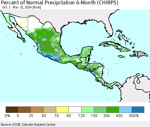 Mexico Central America and the Caribbean Percent of Normal Precipitation 6-Month (CHIRPS) Thematic Map For 10/1/2023 - 3/31/2024