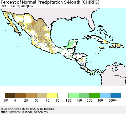 Mexico Central America and the Caribbean Percent of Normal Precipitation 9-Month (CHIRPS) Thematic Map For 10/1/2021 - 6/30/2022