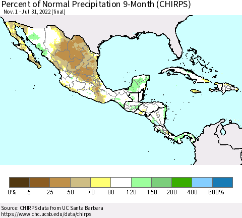 Mexico Central America and the Caribbean Percent of Normal Precipitation 9-Month (CHIRPS) Thematic Map For 11/1/2021 - 7/31/2022