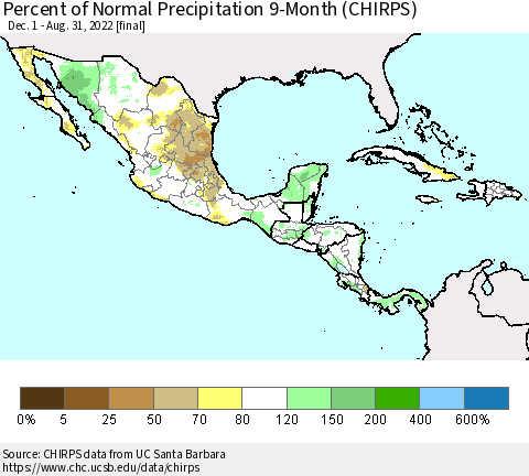 Mexico Central America and the Caribbean Percent of Normal Precipitation 9-Month (CHIRPS) Thematic Map For 12/1/2021 - 8/31/2022