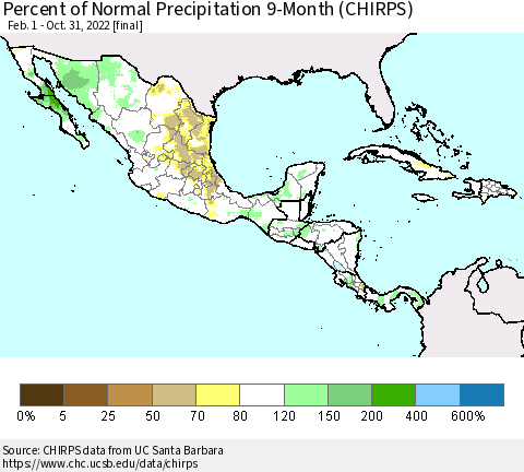 Mexico Central America and the Caribbean Percent of Normal Precipitation 9-Month (CHIRPS) Thematic Map For 2/1/2022 - 10/31/2022