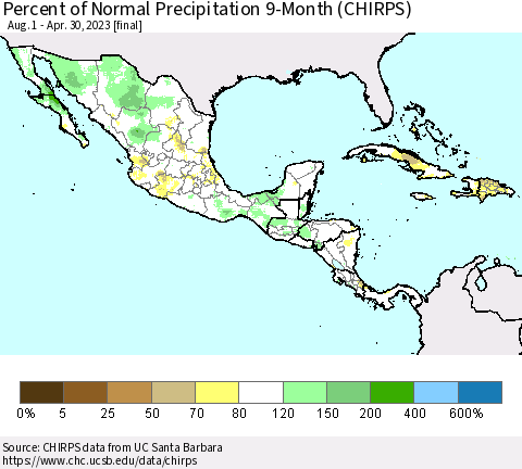 Mexico Central America and the Caribbean Percent of Normal Precipitation 9-Month (CHIRPS) Thematic Map For 8/1/2022 - 4/30/2023