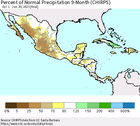Mexico Central America and the Caribbean Percent of Normal Precipitation 9-Month (CHIRPS) Thematic Map For 10/1/2022 - 6/30/2023