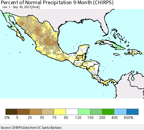 Mexico Central America and the Caribbean Percent of Normal Precipitation 9-Month (CHIRPS) Thematic Map For 1/1/2023 - 9/30/2023