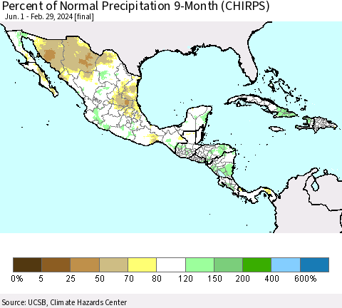 Mexico Central America and the Caribbean Percent of Normal Precipitation 9-Month (CHIRPS) Thematic Map For 6/1/2023 - 2/29/2024