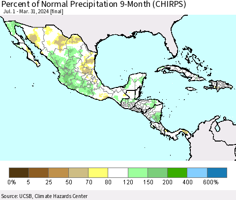 Mexico Central America and the Caribbean Percent of Normal Precipitation 9-Month (CHIRPS) Thematic Map For 7/1/2023 - 3/31/2024
