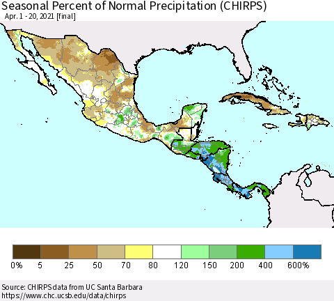 Mexico Central America and the Caribbean Seasonal Percent of Normal Precipitation (CHIRPS) Thematic Map For 4/1/2021 - 4/20/2021