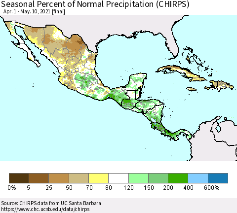 Mexico Central America and the Caribbean Seasonal Percent of Normal Precipitation (CHIRPS) Thematic Map For 4/1/2021 - 5/10/2021
