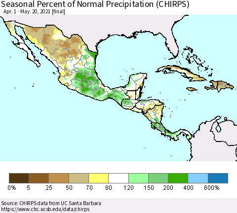 Mexico Central America and the Caribbean Seasonal Percent of Normal Precipitation (CHIRPS) Thematic Map For 4/1/2021 - 5/20/2021