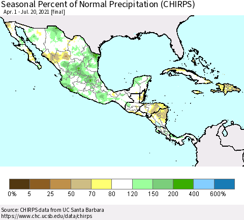 Mexico Central America and the Caribbean Seasonal Percent of Normal Precipitation (CHIRPS) Thematic Map For 4/1/2021 - 7/20/2021