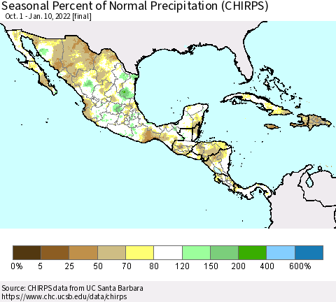 Mexico Central America and the Caribbean Seasonal Percent of Normal Precipitation (CHIRPS) Thematic Map For 10/1/2021 - 1/10/2022