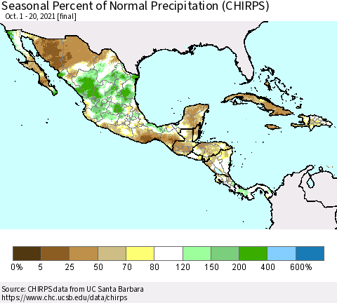 Mexico Central America and the Caribbean Seasonal Percent of Normal Precipitation (CHIRPS) Thematic Map For 10/1/2021 - 10/20/2021