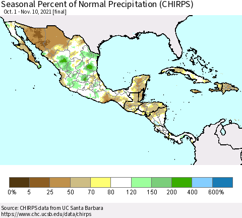 Mexico Central America and the Caribbean Seasonal Percent of Normal Precipitation (CHIRPS) Thematic Map For 10/1/2021 - 11/10/2021