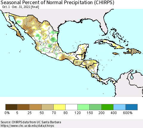 Mexico Central America and the Caribbean Seasonal Percent of Normal Precipitation (CHIRPS) Thematic Map For 10/1/2021 - 12/31/2021