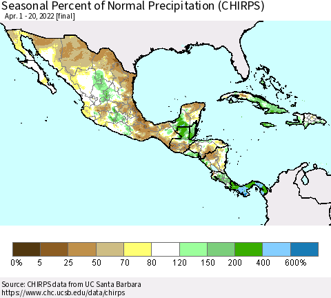 Mexico Central America and the Caribbean Seasonal Percent of Normal Precipitation (CHIRPS) Thematic Map For 4/1/2022 - 4/20/2022