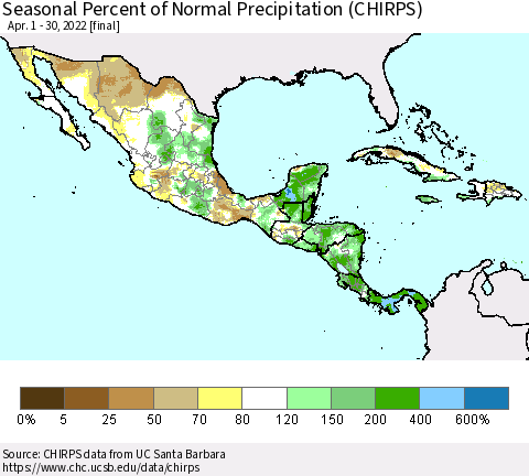 Mexico Central America and the Caribbean Seasonal Percent of Normal Precipitation (CHIRPS) Thematic Map For 4/1/2022 - 4/30/2022