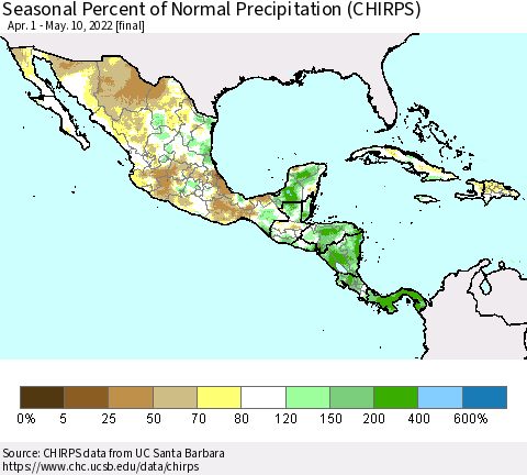 Mexico Central America and the Caribbean Seasonal Percent of Normal Precipitation (CHIRPS) Thematic Map For 4/1/2022 - 5/10/2022