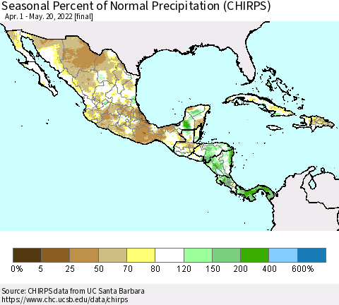 Mexico Central America and the Caribbean Seasonal Percent of Normal Precipitation (CHIRPS) Thematic Map For 4/1/2022 - 5/20/2022