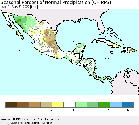 Mexico Central America and the Caribbean Seasonal Percent of Normal Precipitation (CHIRPS) Thematic Map For 4/1/2022 - 8/31/2022