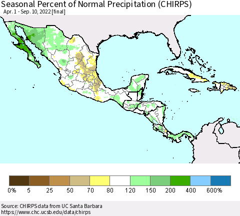 Mexico Central America and the Caribbean Seasonal Percent of Normal Precipitation (CHIRPS) Thematic Map For 4/1/2022 - 9/10/2022