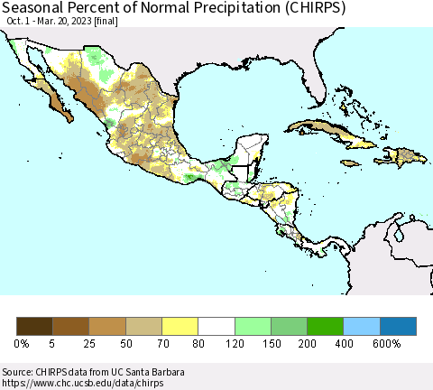 Mexico Central America and the Caribbean Seasonal Percent of Normal Precipitation (CHIRPS) Thematic Map For 10/1/2022 - 3/20/2023