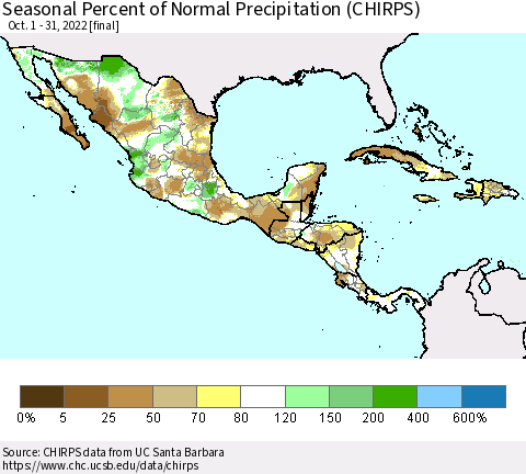 Mexico Central America and the Caribbean Seasonal Percent of Normal Precipitation (CHIRPS) Thematic Map For 10/1/2022 - 10/31/2022