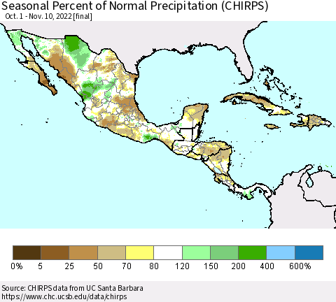 Mexico Central America and the Caribbean Seasonal Percent of Normal Precipitation (CHIRPS) Thematic Map For 10/1/2022 - 11/10/2022