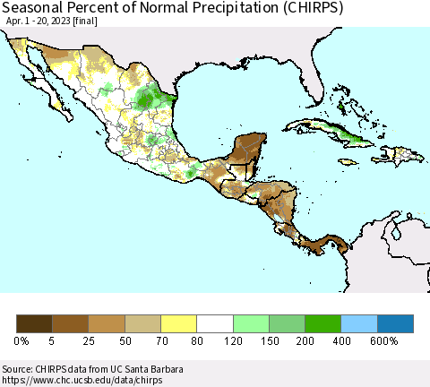 Mexico Central America and the Caribbean Seasonal Percent of Normal Precipitation (CHIRPS) Thematic Map For 4/1/2023 - 4/20/2023