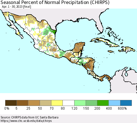 Mexico Central America and the Caribbean Seasonal Percent of Normal Precipitation (CHIRPS) Thematic Map For 4/1/2023 - 4/30/2023