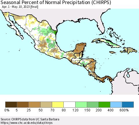 Mexico Central America and the Caribbean Seasonal Percent of Normal Precipitation (CHIRPS) Thematic Map For 4/1/2023 - 5/10/2023