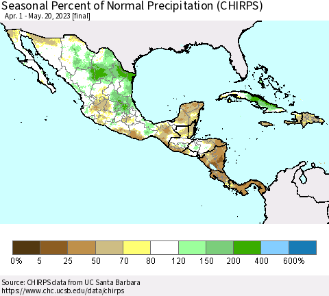 Mexico Central America and the Caribbean Seasonal Percent of Normal Precipitation (CHIRPS) Thematic Map For 4/1/2023 - 5/20/2023