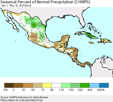 Mexico Central America and the Caribbean Seasonal Percent of Normal Precipitation (CHIRPS) Thematic Map For 4/1/2023 - 5/31/2023
