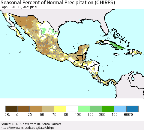Mexico Central America and the Caribbean Seasonal Percent of Normal Precipitation (CHIRPS) Thematic Map For 4/1/2023 - 7/10/2023