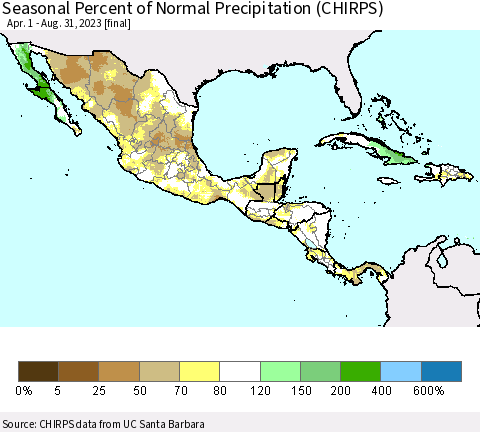 Mexico Central America and the Caribbean Seasonal Percent of Normal Precipitation (CHIRPS) Thematic Map For 4/1/2023 - 8/31/2023