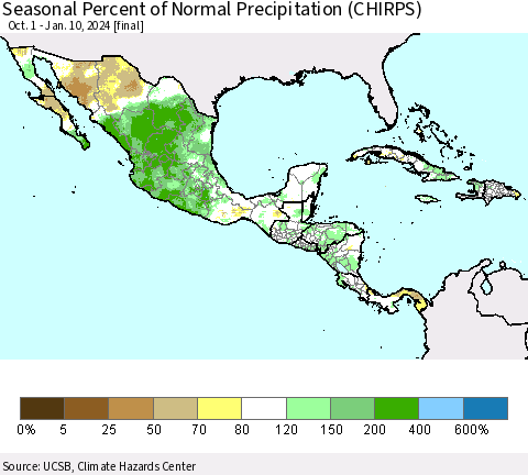 Mexico Central America and the Caribbean Seasonal Percent of Normal Precipitation (CHIRPS) Thematic Map For 10/1/2023 - 1/10/2024