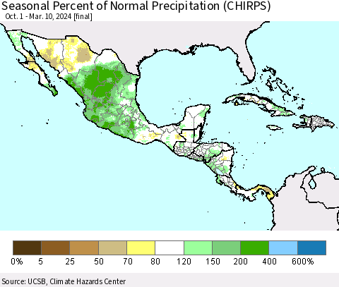 Mexico Central America and the Caribbean Seasonal Percent of Normal Precipitation (CHIRPS) Thematic Map For 10/1/2023 - 3/10/2024