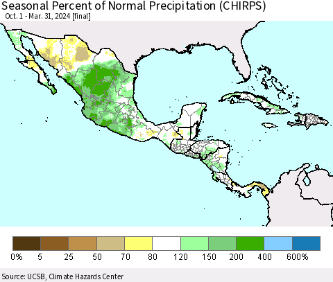 Mexico Central America and the Caribbean Seasonal Percent of Normal Precipitation (CHIRPS) Thematic Map For 10/1/2023 - 3/31/2024