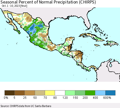 Mexico Central America and the Caribbean Seasonal Percent of Normal Precipitation (CHIRPS) Thematic Map For 10/1/2023 - 10/10/2023