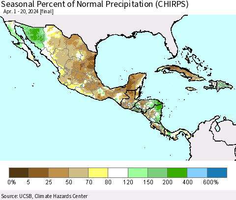 Mexico Central America and the Caribbean Seasonal Percent of Normal Precipitation (CHIRPS) Thematic Map For 4/1/2024 - 4/20/2024