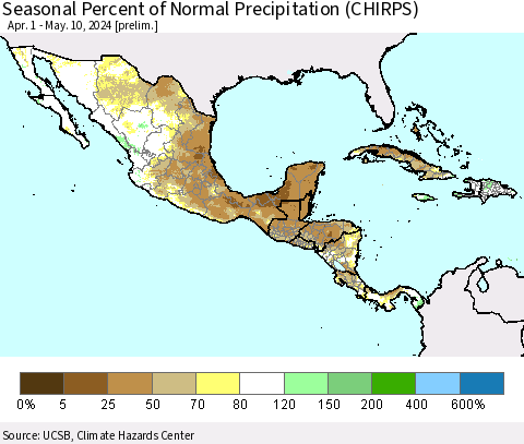 Mexico Central America and the Caribbean Seasonal Percent of Normal Precipitation (CHIRPS) Thematic Map For 4/1/2024 - 5/10/2024