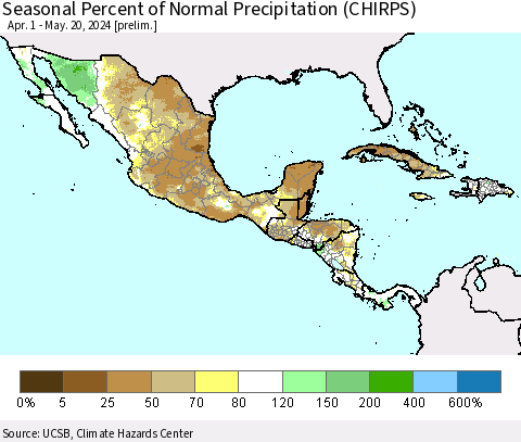 Mexico Central America and the Caribbean Seasonal Percent of Normal Precipitation (CHIRPS) Thematic Map For 4/1/2024 - 5/20/2024