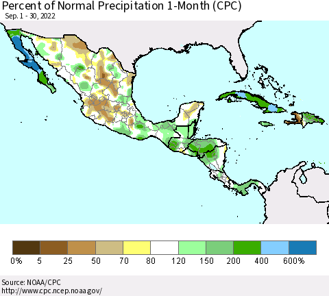 Mexico Central America and the Caribbean Percent of Normal Precipitation 1-Month (CPC) Thematic Map For 9/1/2022 - 9/30/2022