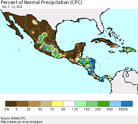 Mexico Central America and the Caribbean Percent of Normal Precipitation (CPC) Thematic Map For 4/5/2021 - 4/11/2021